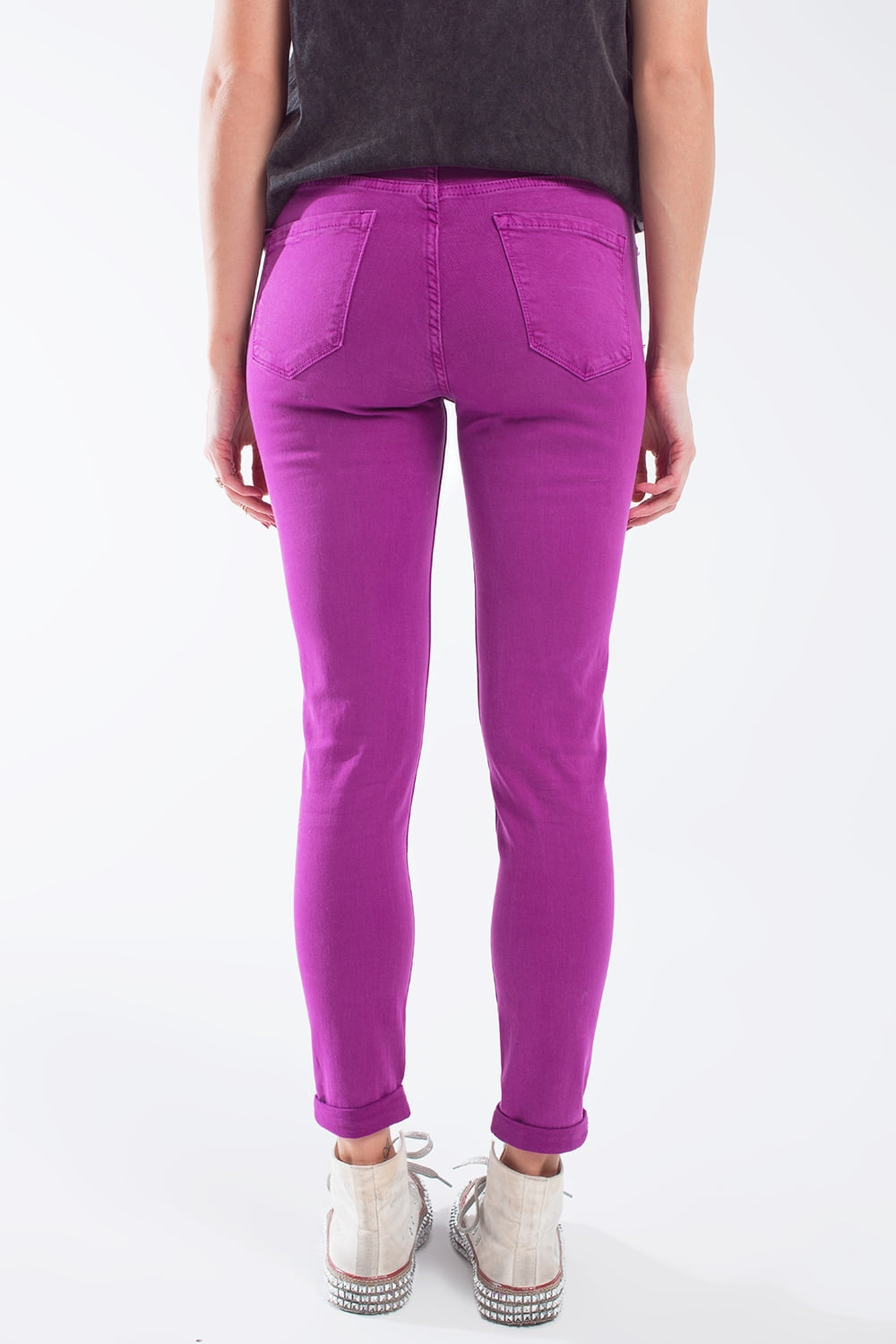 Jeans super skinny alla caviglia fucsia con morbide grinze
