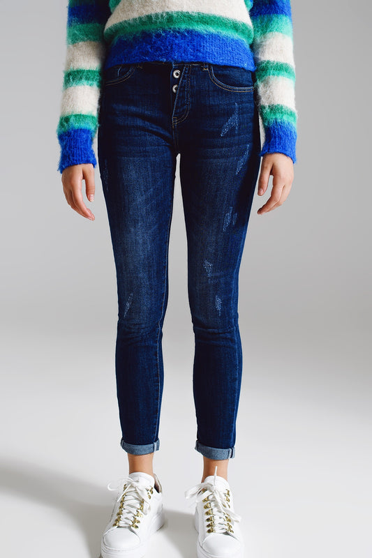 Q2 Jeans super skinny con bottoni anteriori visibili in lavaggio medio