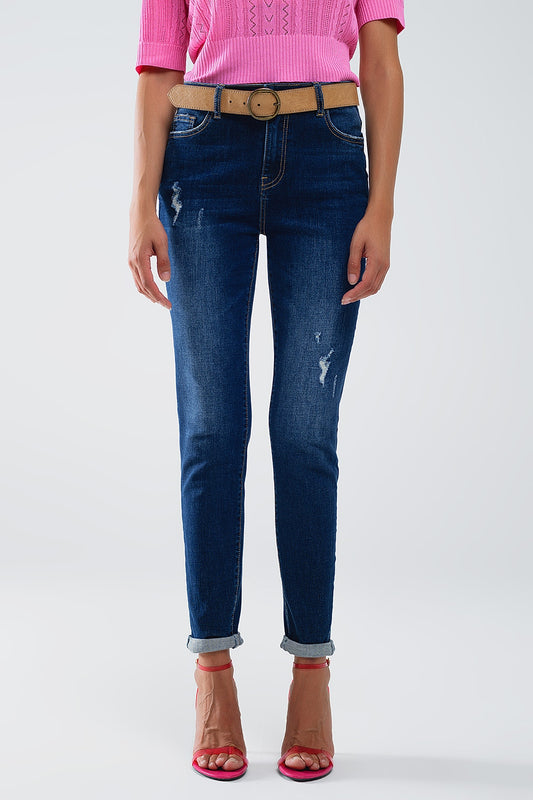 Q2 Jeans super skinny con lavaggio scuro e distressed in denim elasticizzato