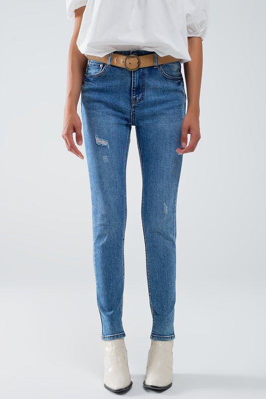Q2 Jeans super skinny in denim elasticizzato lavaggio a mano con dettagli di distress