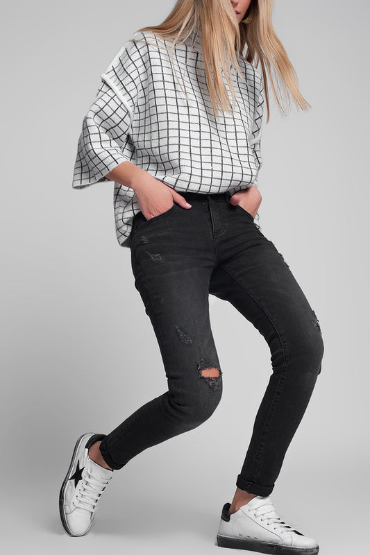 Q2 Jeans super skinny strappati lavaggio nero