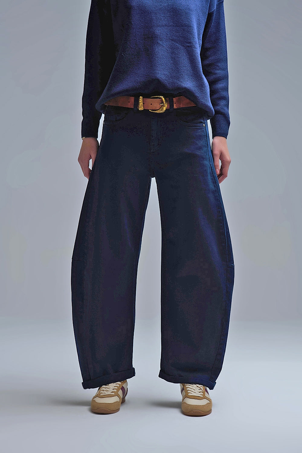 Q2 Jeans trendy a palloncino con tasche in stile barile di marina