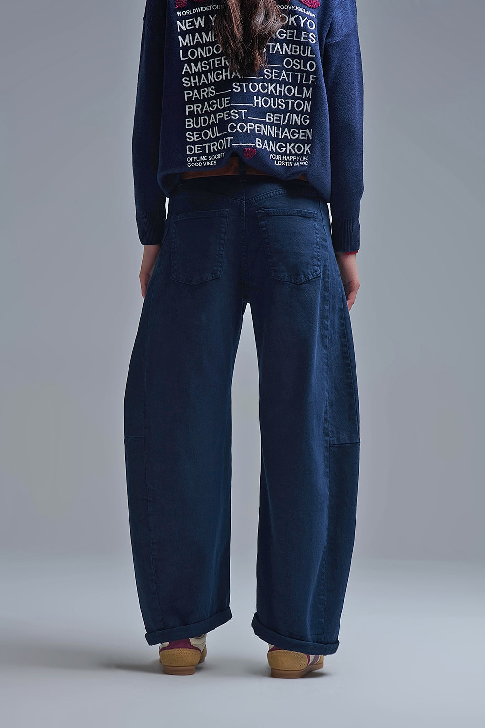 Jeans trendy a palloncino con tasche in stile barile di marina