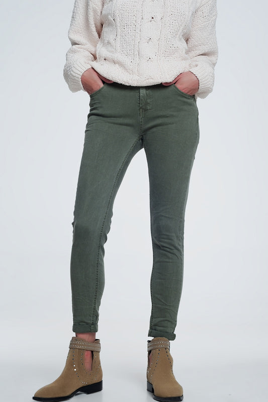 Q2 Jeans skinny a vita alta in verde