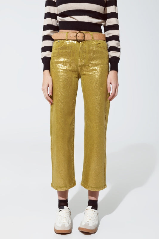 Q2 Jeans verdi a gamba dritta con riflessi metallici dorati