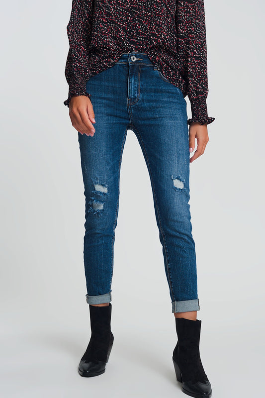 Q2 Jeans vita alta skinny blu lavaggio scuro con strappi dettagli