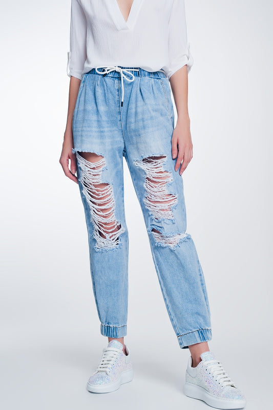 Q2 Joggers di jeans strappati  blu lavaggio chiaro