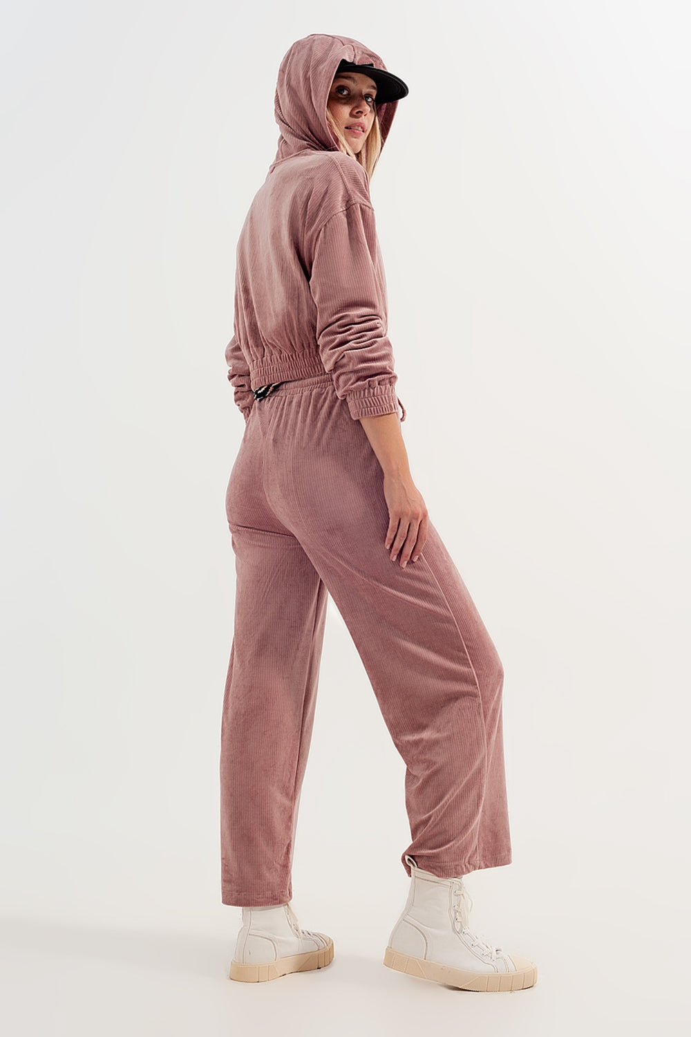 Q2 Joggers rosa con coulisse in vita a coste