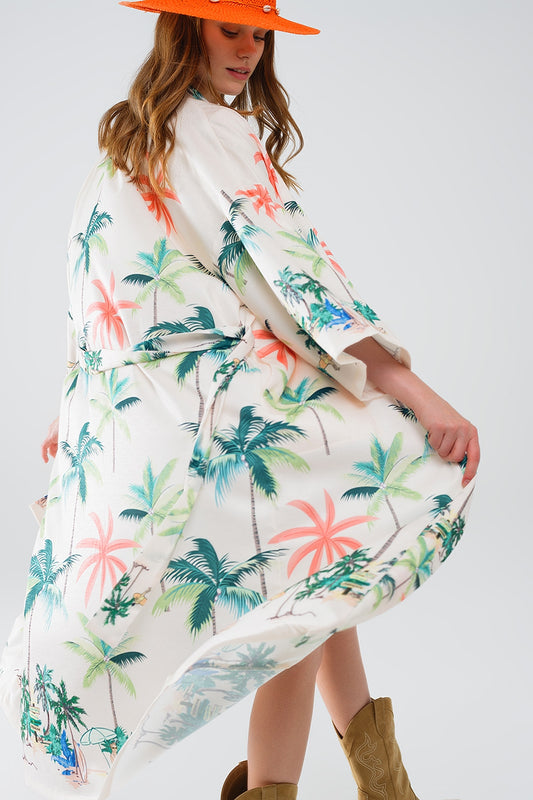 Q2 Kimono aperto color crema con stampa spiaggia in lunghezza midi