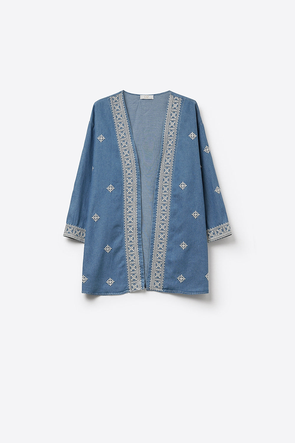Kimono aperto ricamato blu con finiture bianche
