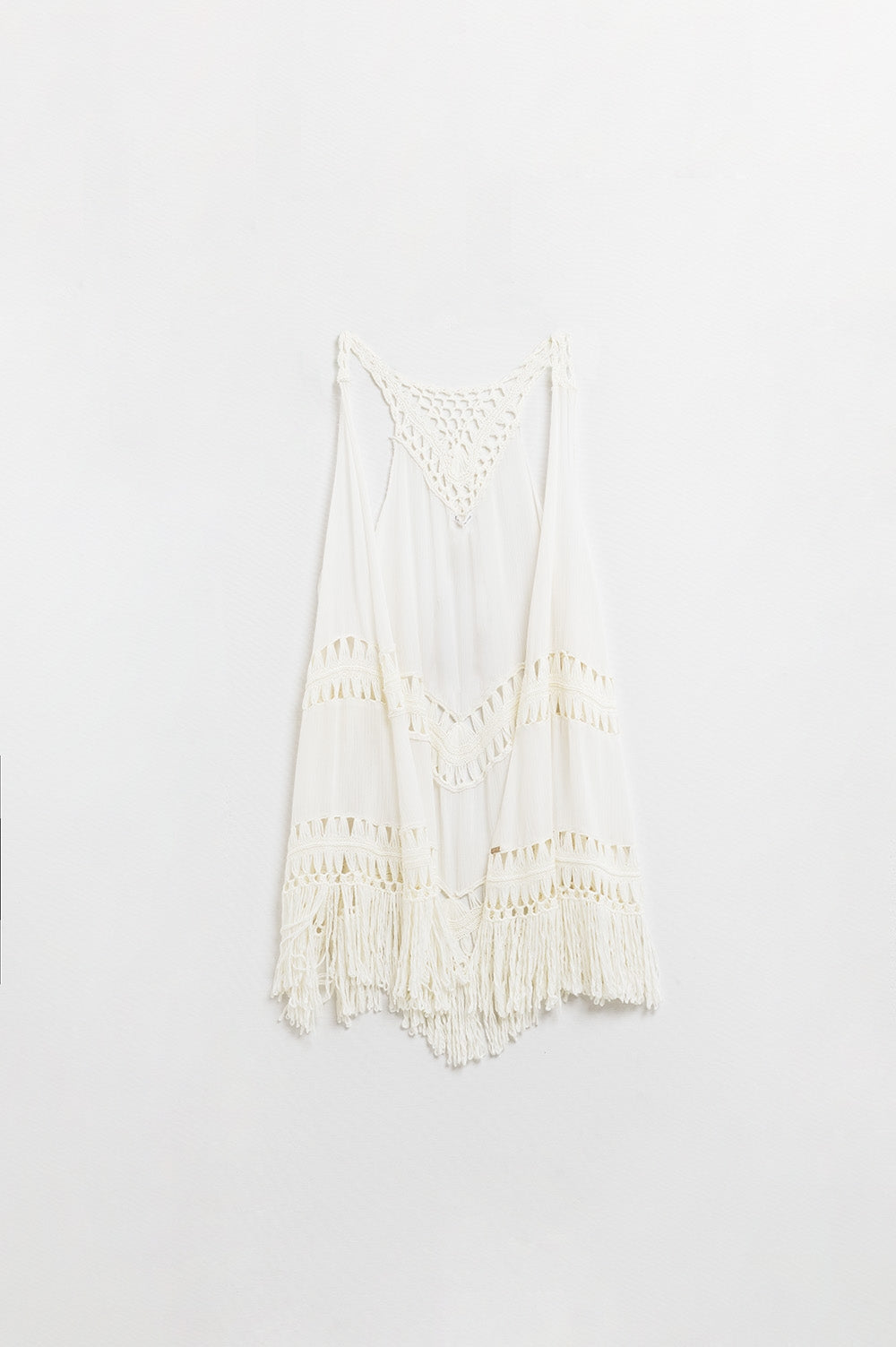 Q2 Kimono avorio con frange all'uncinetto