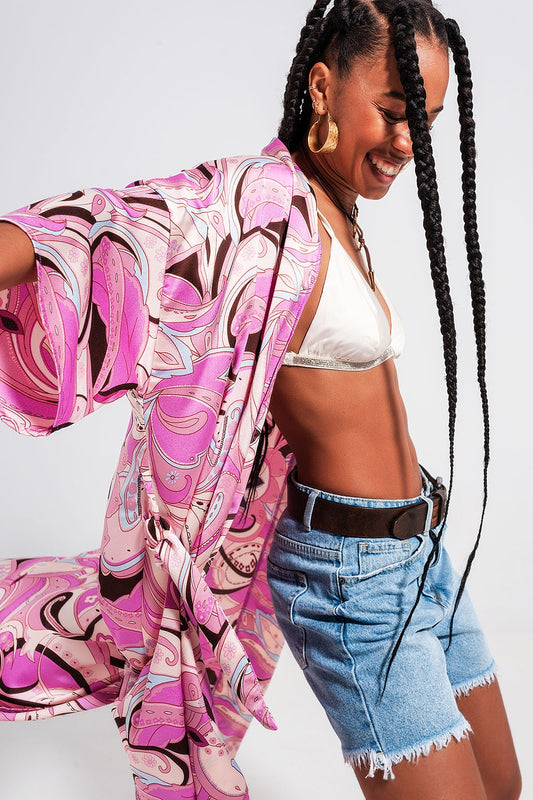 Q2 Kimono con stampa astratta rosa