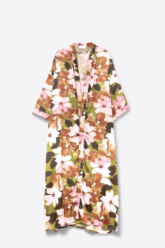 Q2 Kimono floreale tropicale in raso verde oliva