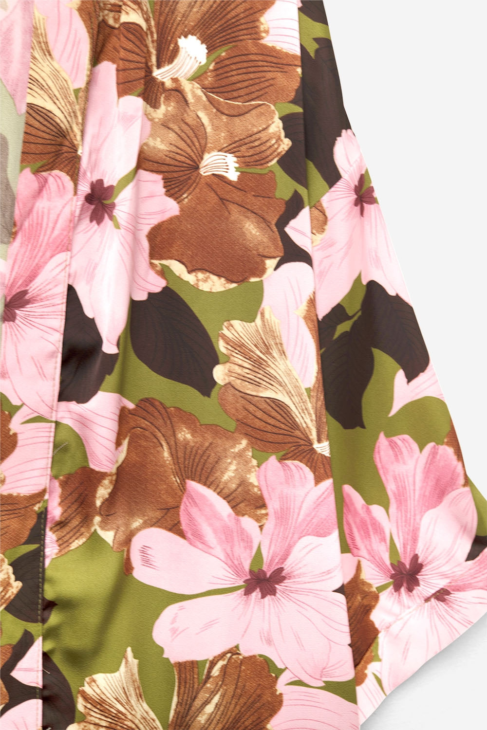 Kimono floreale tropicale in raso verde oliva