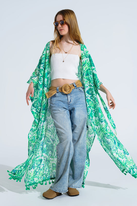 Q2 Kimono lungo verde con chiusura a coulisse con stampa tribale