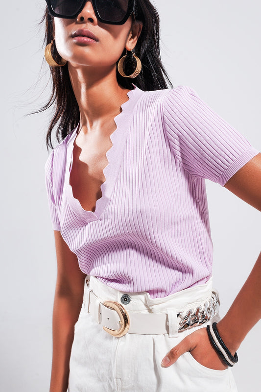 Q2 Maglia a coste color lilla con scollo a V
