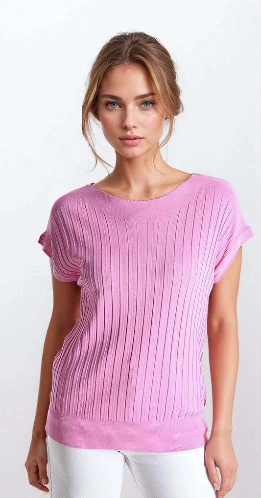 Q2 Maglia a coste sottili Fucshia con collo a barca