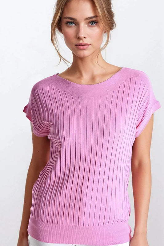Q2 Maglia a coste sottili Fucshia con collo a barca