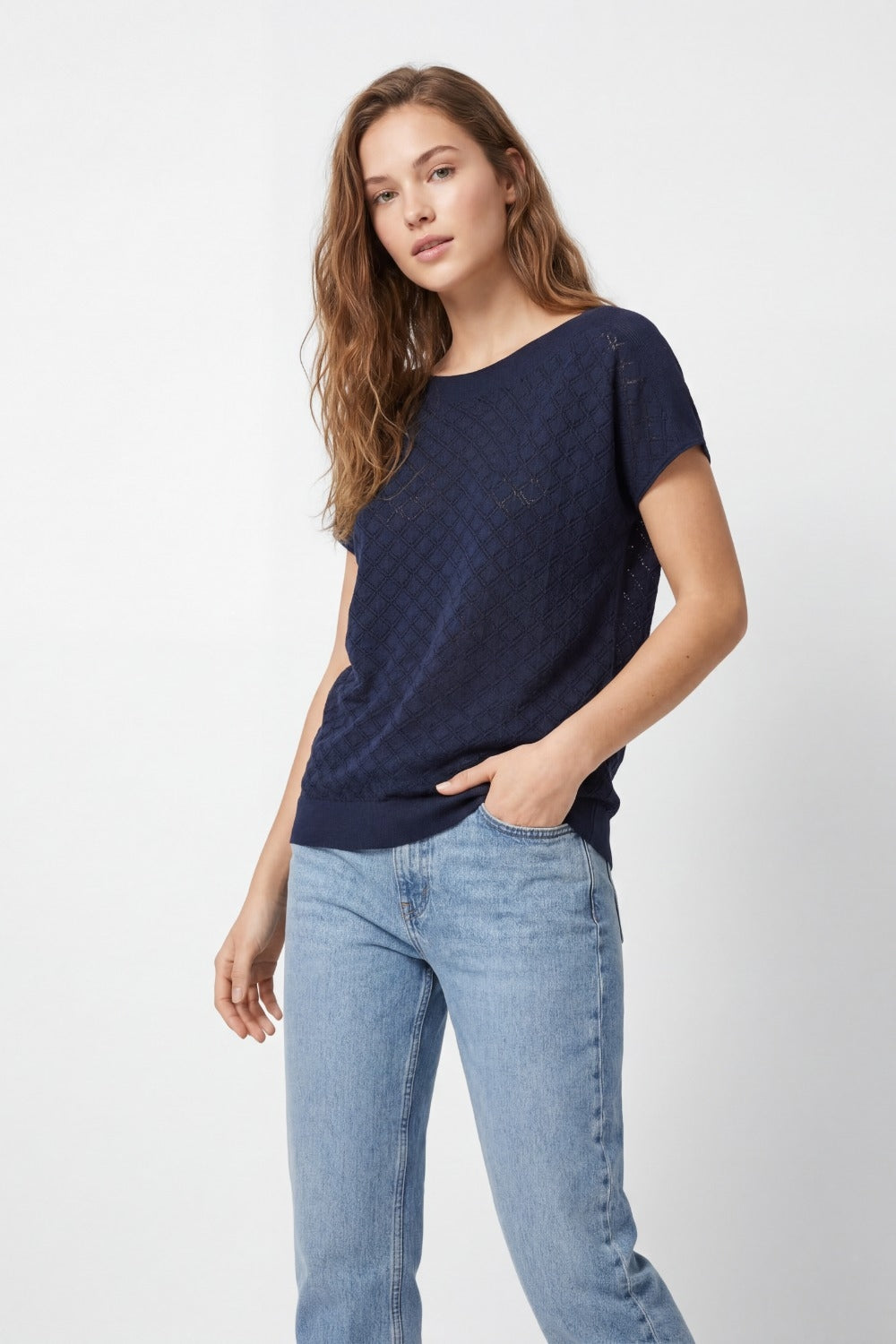 Maglia a maniche corte con motivo a maglia testurizzata in blu navy