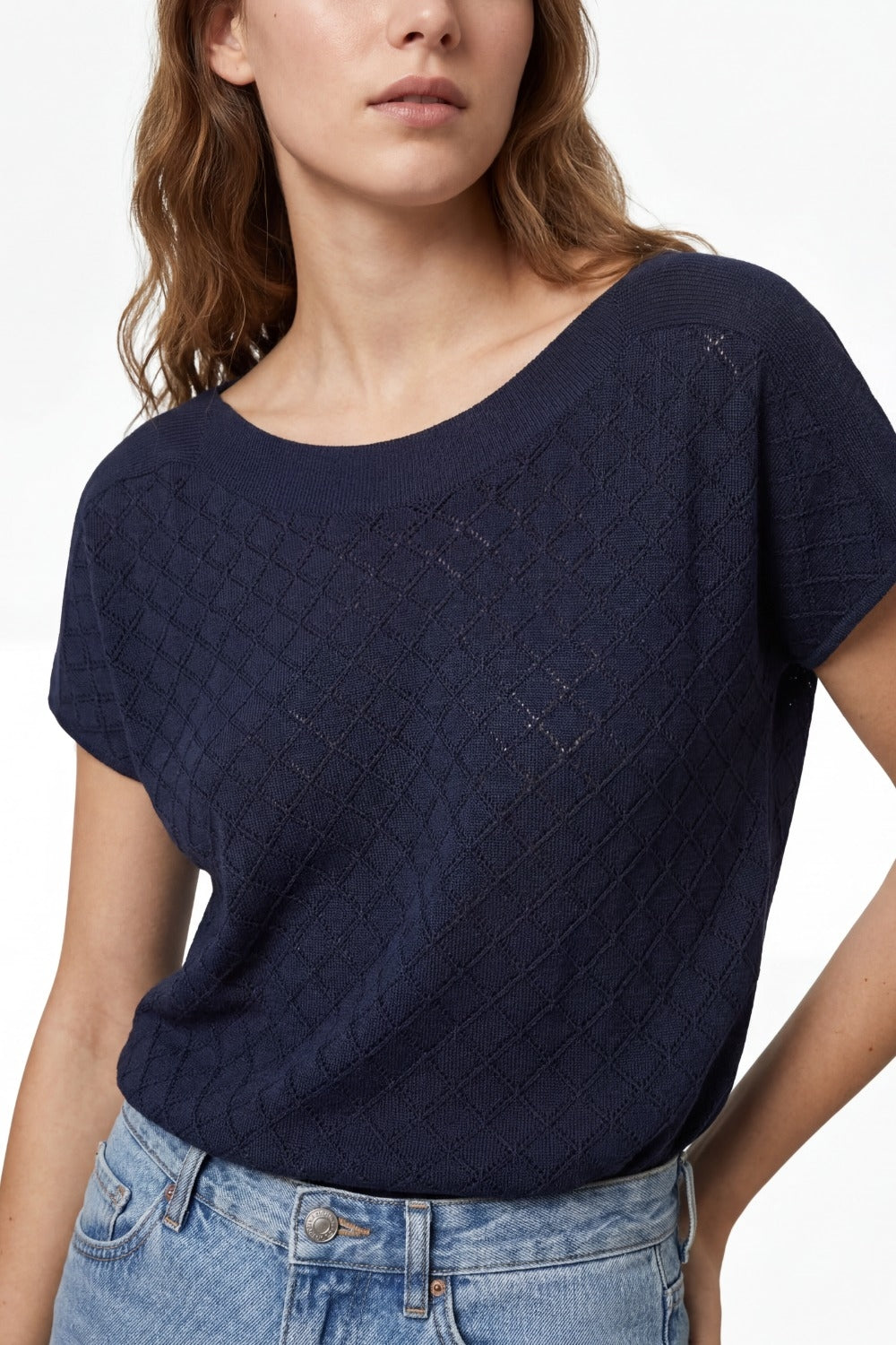 Maglia a maniche corte con motivo a maglia testurizzata in blu navy