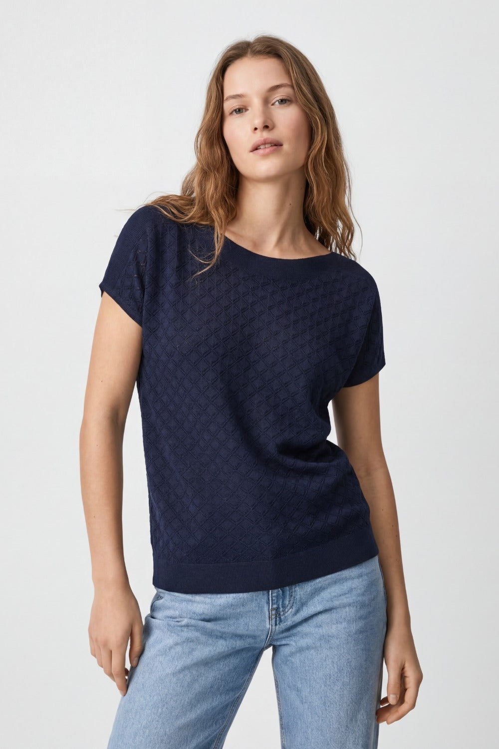 Maglia a maniche corte con motivo a maglia testurizzata in blu navy