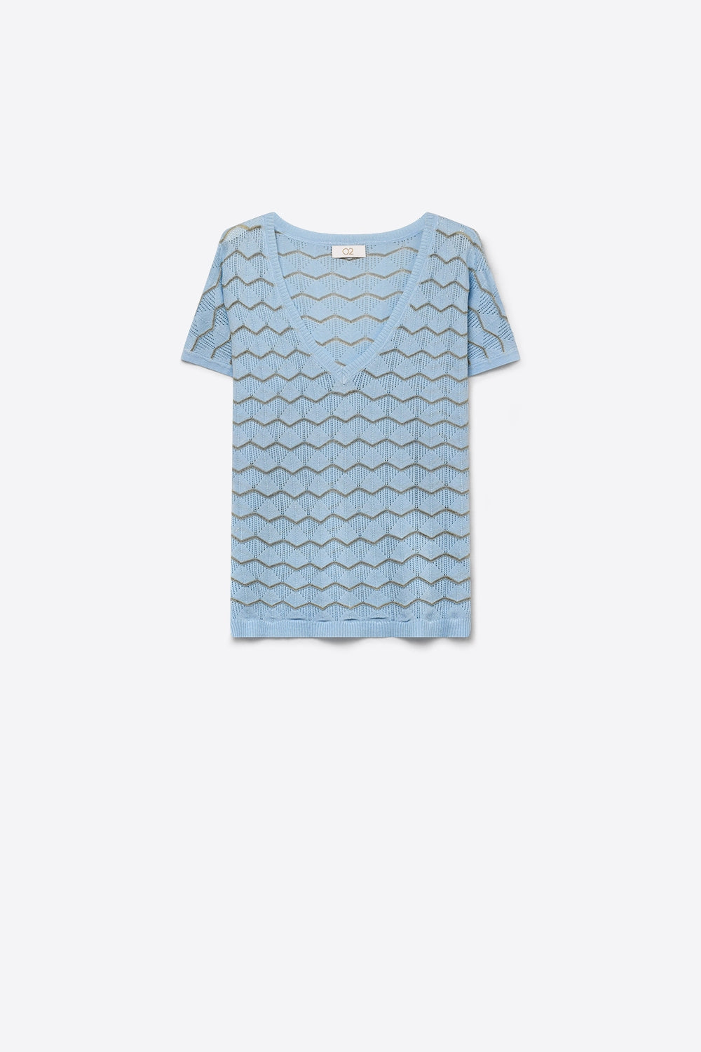 Q2 Maglia a Maniche Corte con Scollo a V e Motivo Chevron Azzurro Chiaro