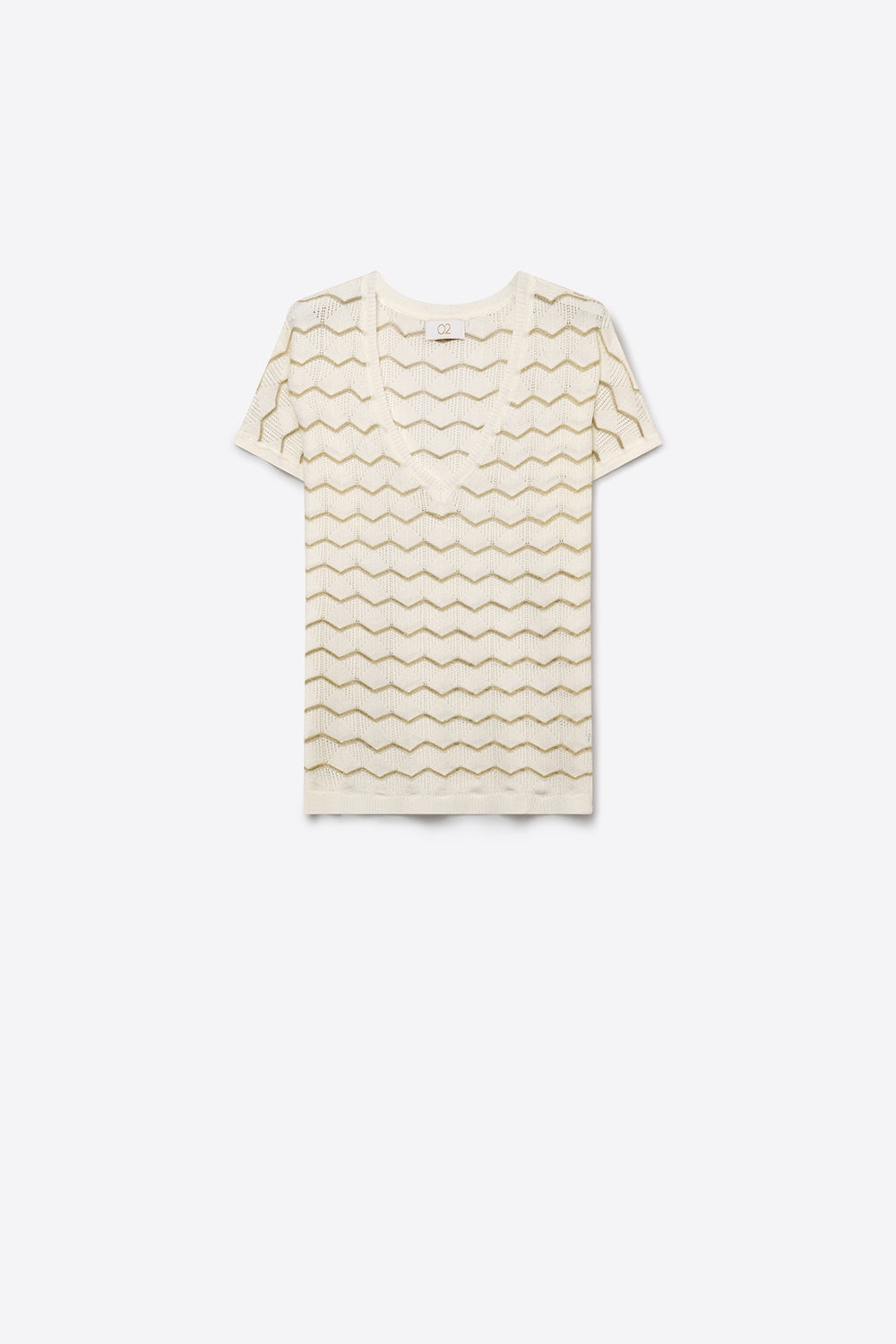 Q2 Maglia a Maniche Corte con Scollo a V e Vestibilità Regolare in Maglia Geo Crema