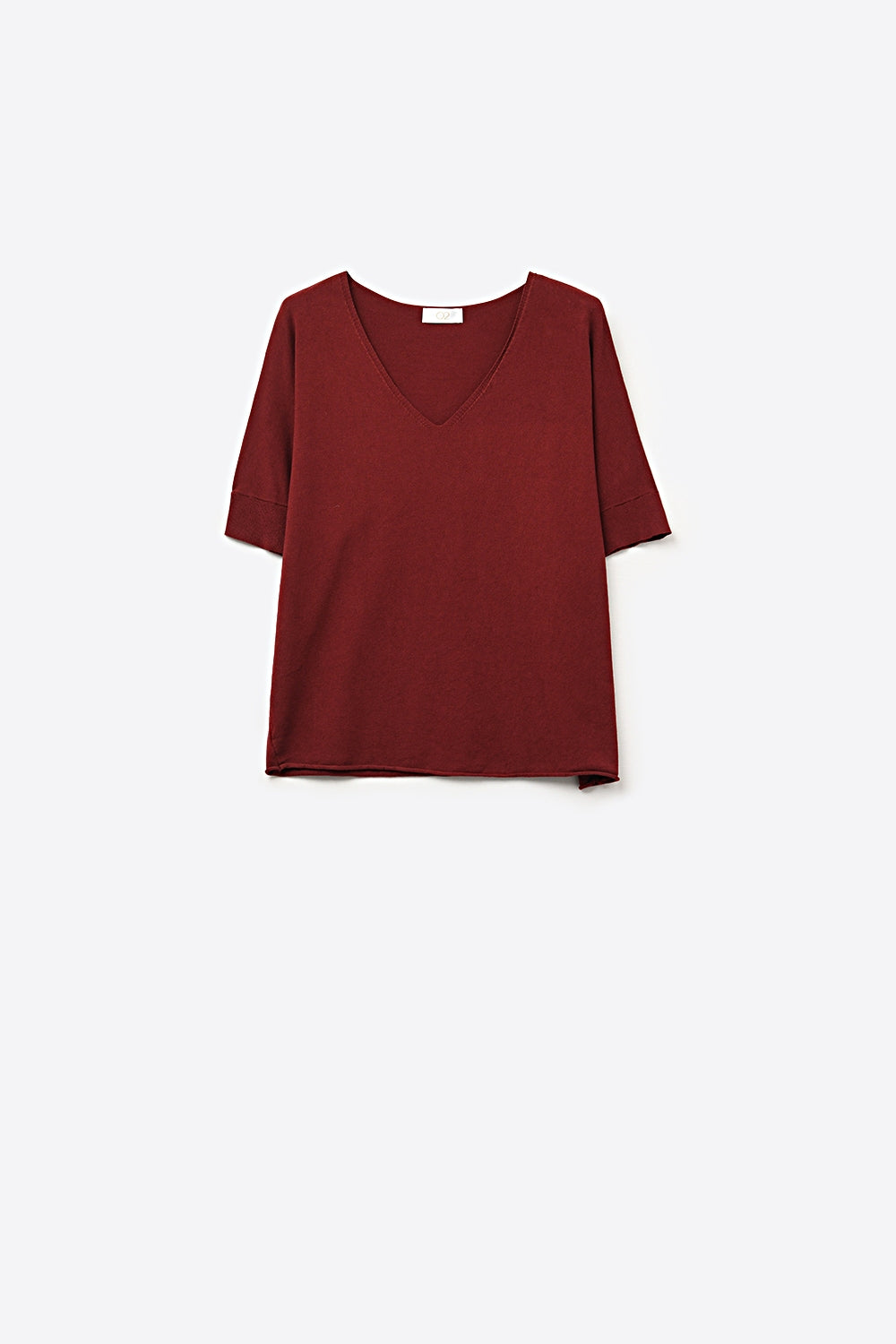 Q2 Maglia a Maniche Corte con Scollo a V in Maglia Rilassata Borgogna