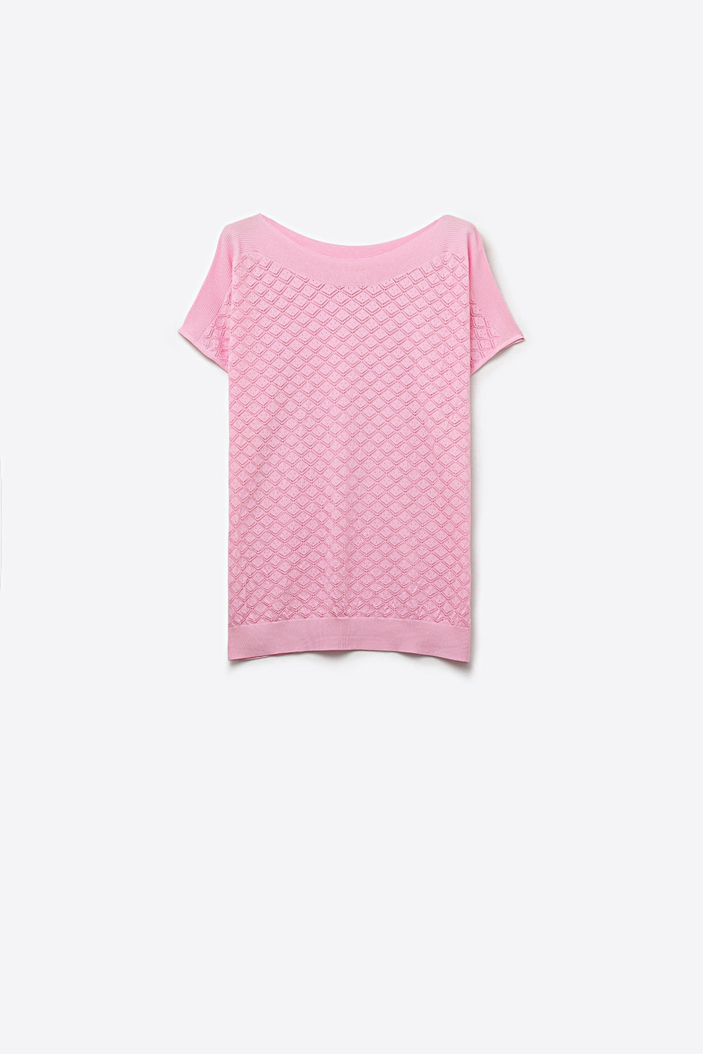 Q2 Maglia a maniche corte in maglia a trama con motivo in rosa