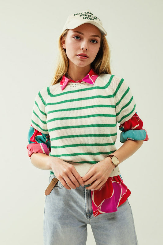 Q2 Maglia a maniche corte in maglia bianca con strisce verdi