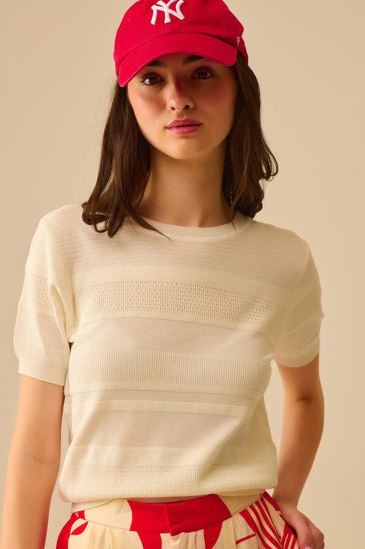 Q2 Maglia a righe testurizzate in bianco