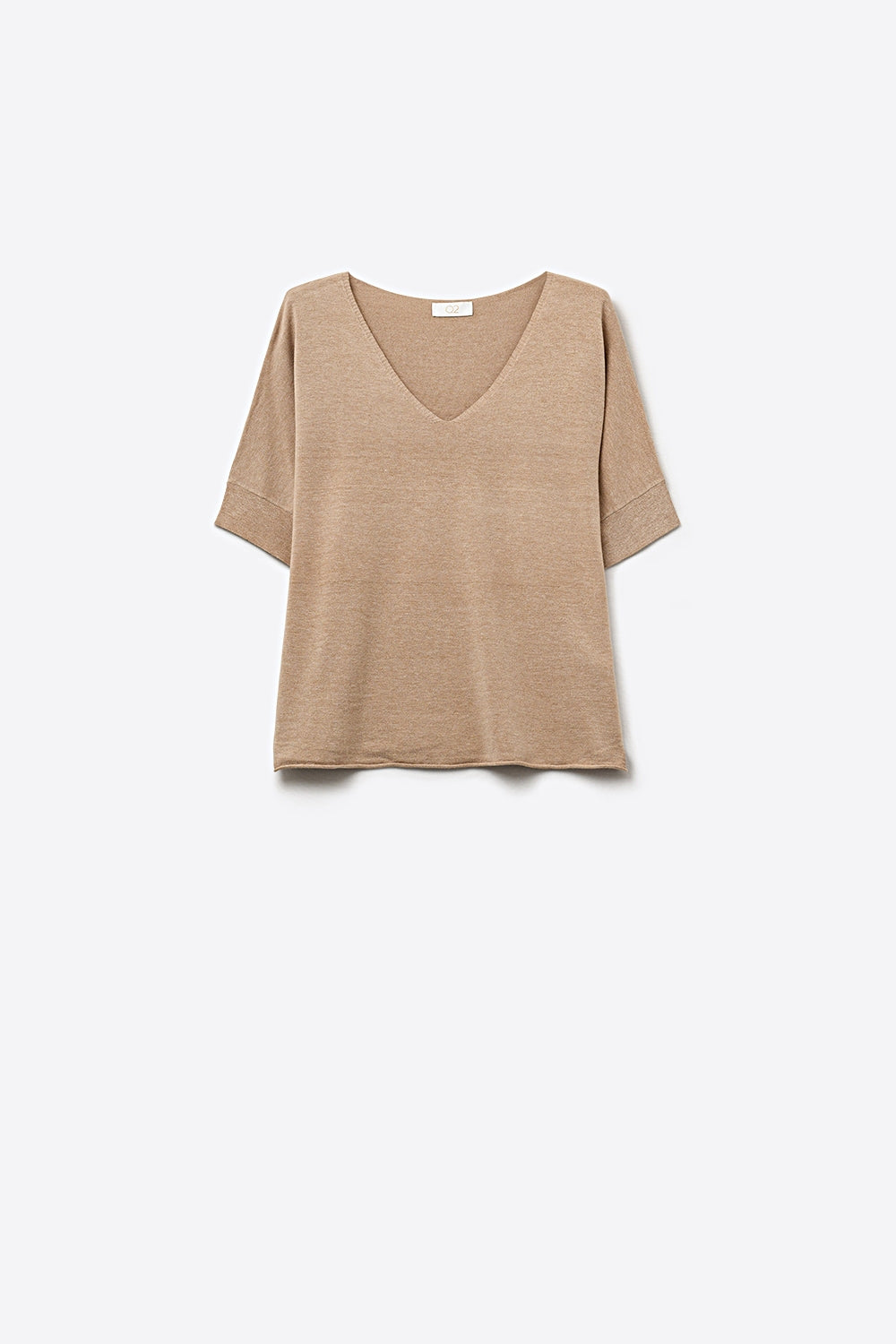 Q2 Maglia Beige a Maglia Larga con Scollo a V