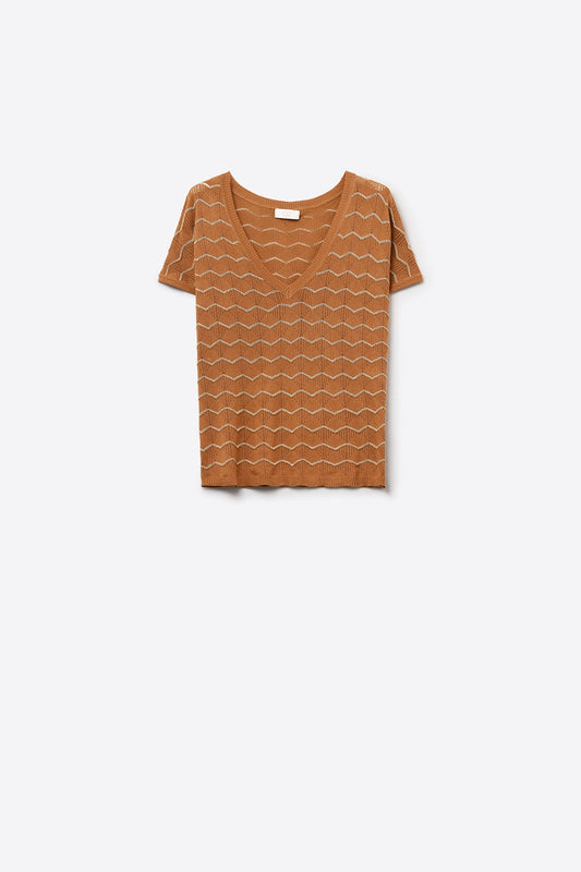 Q2 Maglia con scollo a V a zig zag e maniche scese in marrone