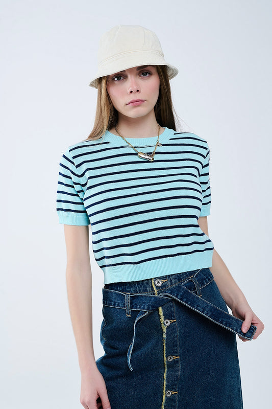 Q2 Maglia corta verde menta con strisce blu scuro