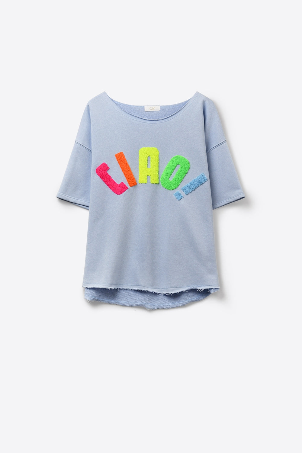 Maglia Grafica Azzurra Vestibilità Rilassata con Testo Colorato