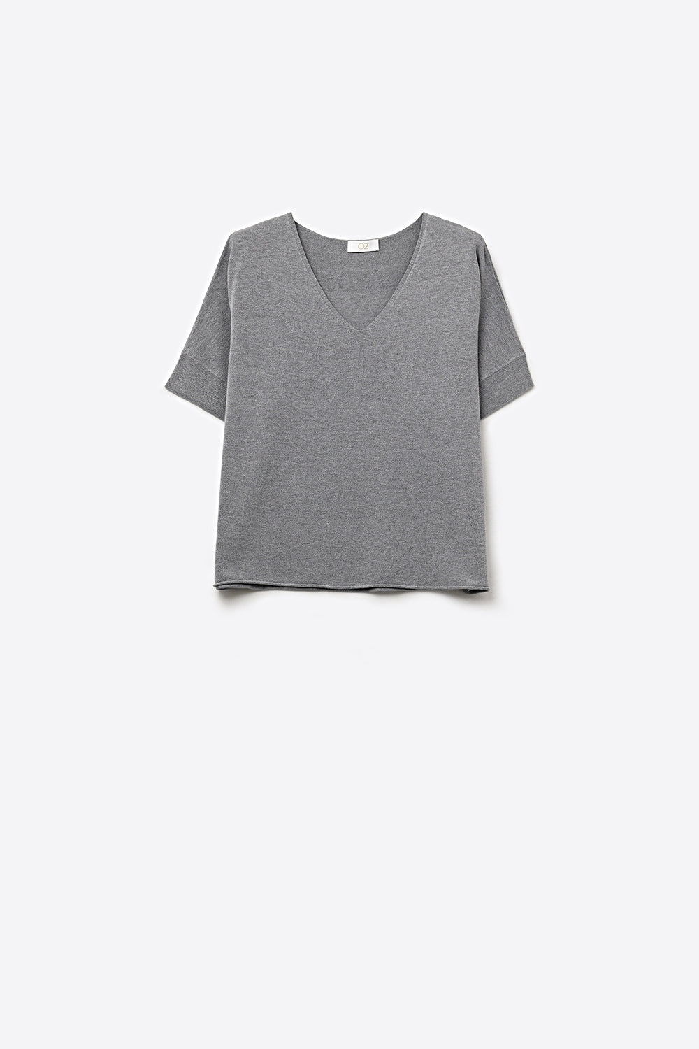 Q2 Maglia Grigia Rilassata a Maniche Corte con Scollo a V