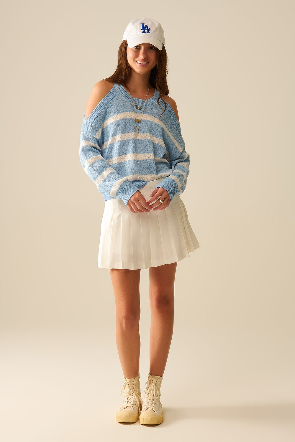 Maglia Heather con Spalle Scoperte e Strisce Orizzontali in Blu