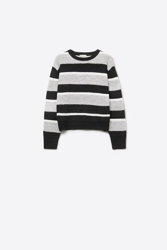 Maglia nera con strisce bianche e grigie