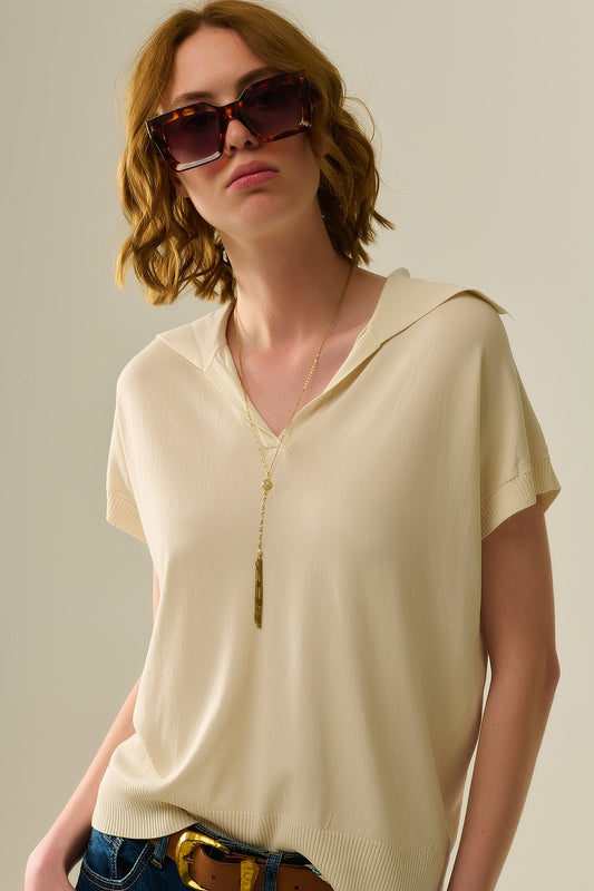 Q2 maglia polo a maglia fine in beige con maniche corte