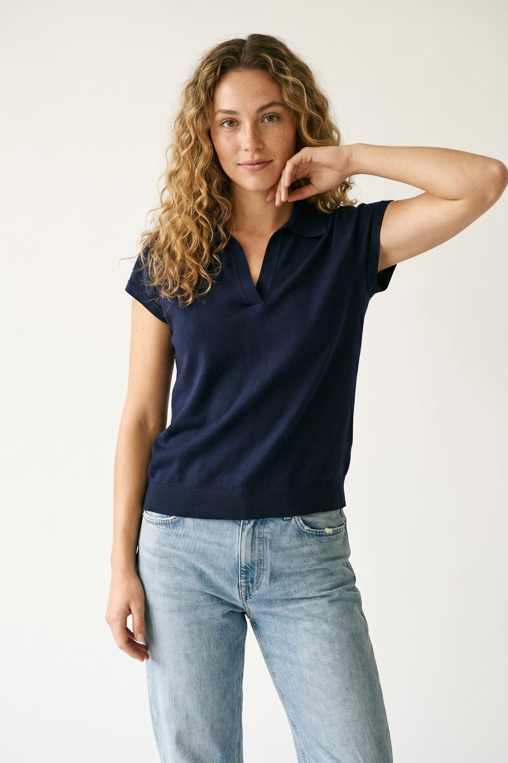 Maglia Polo a Maniche Corte in Maglia Fine Blu Navy