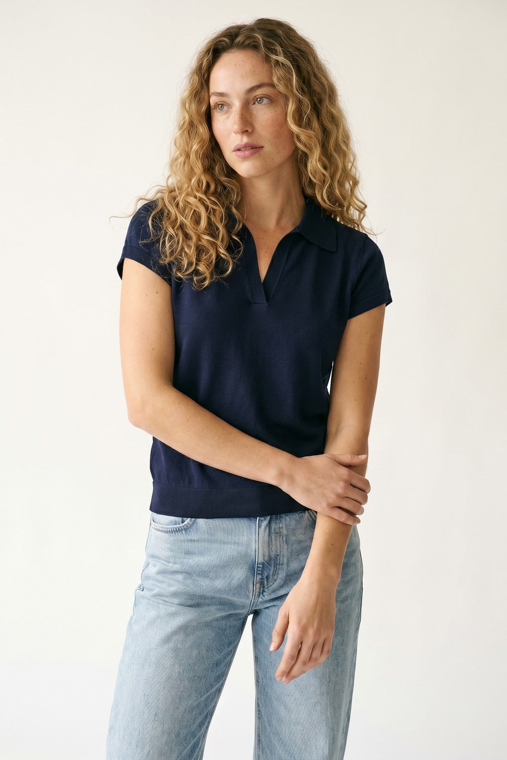 Maglia Polo a Maniche Corte in Maglia Fine Blu Navy