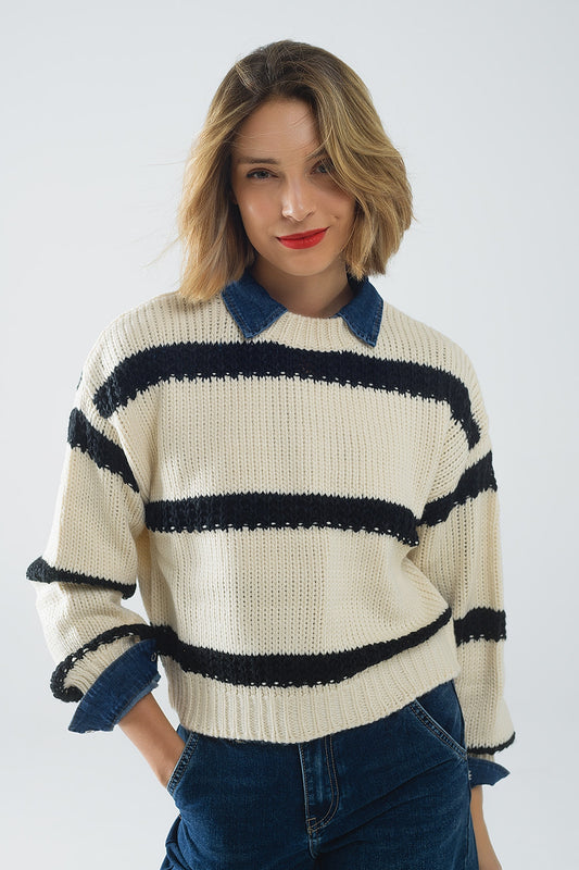 Q2 Maglia rilassata beige a righe nere