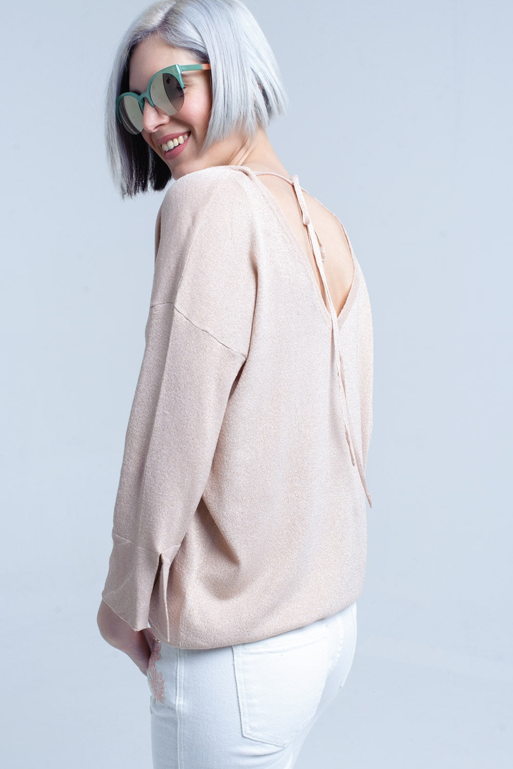 Maglia rosa con dettaglio in lurex oro