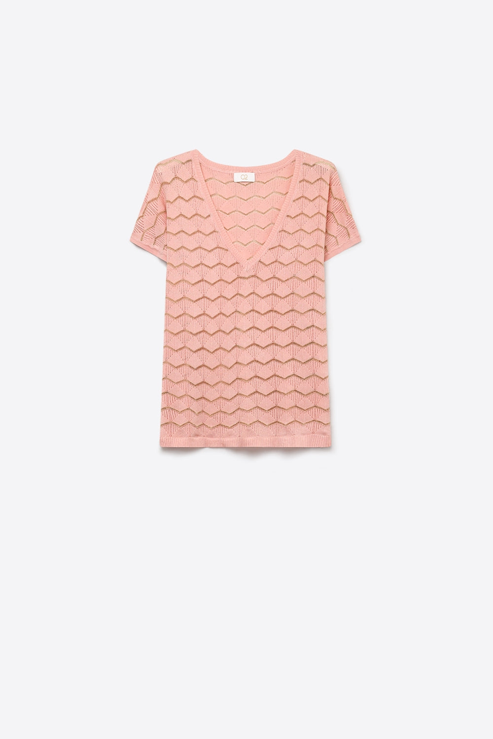 Q2 Maglia sottile rosa chiaro a chevron con scollo a V e maniche corte