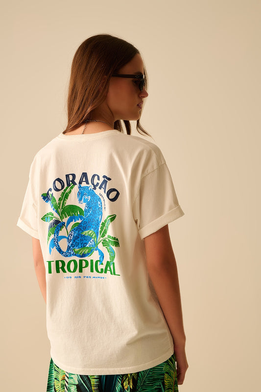 Q2 Maglietta bianca made in Italy con stampa grafica tropicale