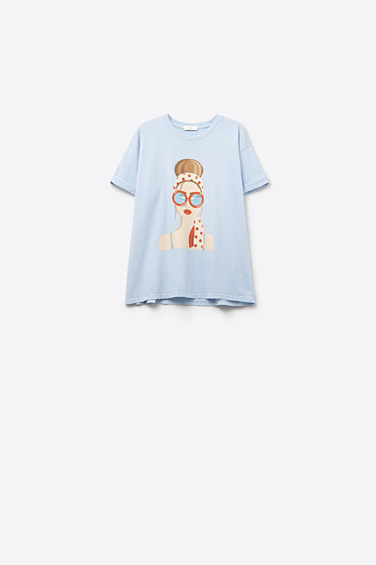 Q2 Maglietta blu realizzata in Italia con grafica vintage di una ragazza