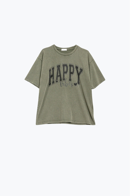Q2 Maglietta grafica rilassata Happy Vibes verde kaki lavato
