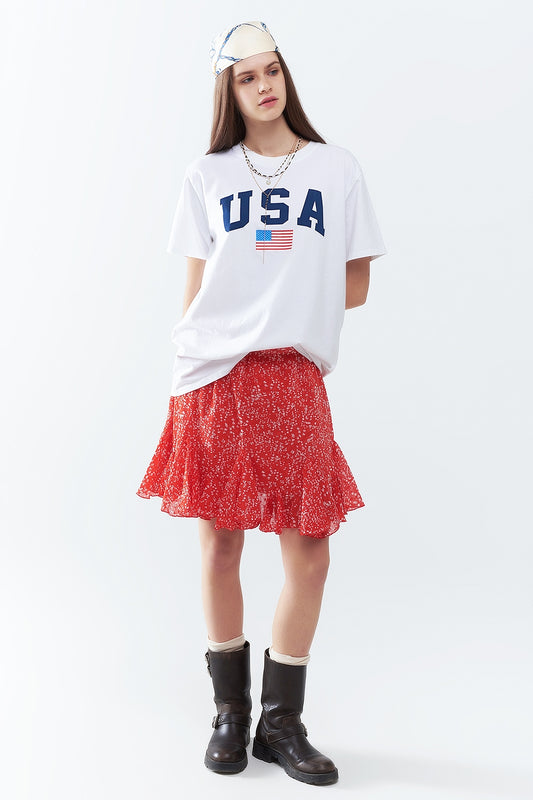 Q2 Maglietta lunga bianca larga con logo USA