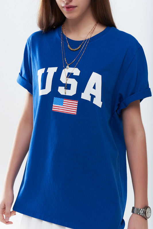 Q2 Maglietta lunga blu ampia con logo USA