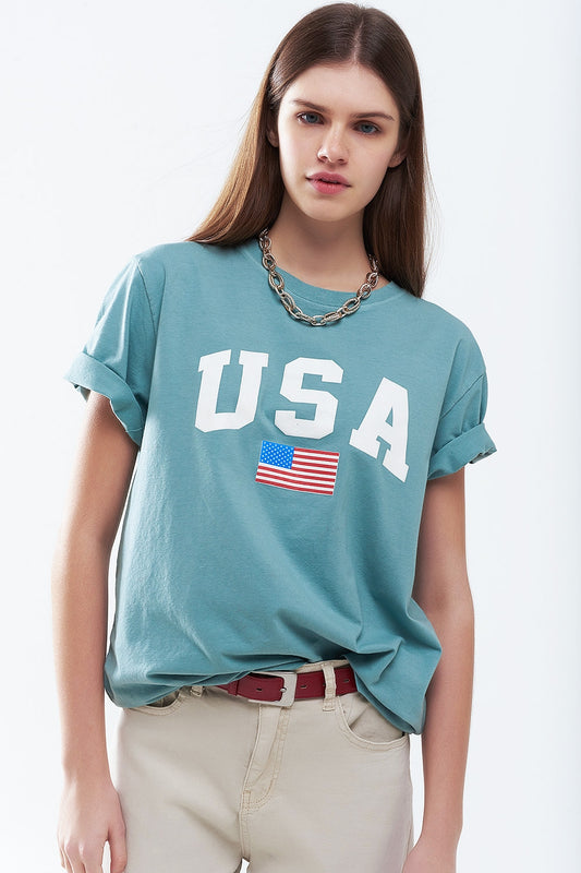Q2 Maglietta lunga verde ampia con logo USA
